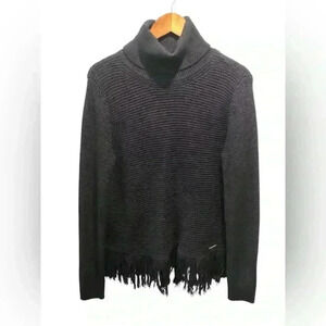 Michael Kors Medium Black Knit Turtleneck Pullover Sweater Fringe Logo L/S
